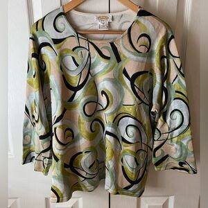 Talbots Retro Swirl Pattern Silk Blend Scoop Neck Lightweight Sweater SZ 1X